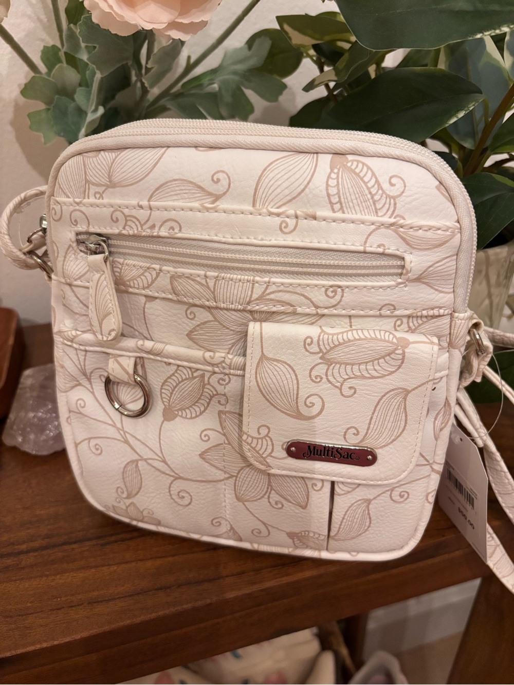 MultiSac Cream Floral Crossbody Bag with Front Pocket